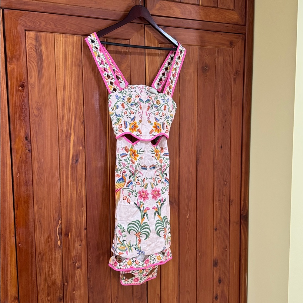 New FARM Rio Delicate Forest Linen Mini Dress medium resort vacation summer NWT - Picture 4 of 5
